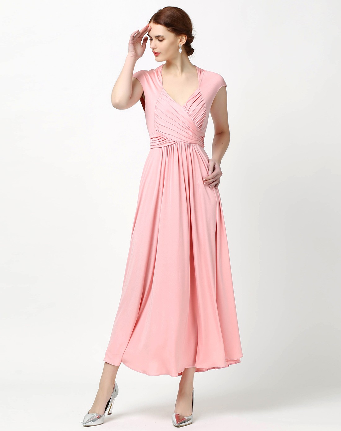 低领雅致素色真丝针织礼服连衣裙