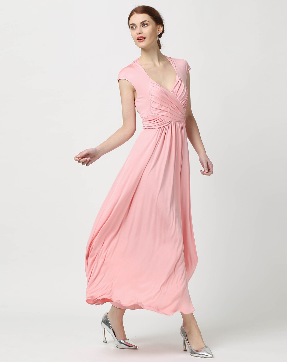 低领雅致素色真丝针织礼服连衣裙