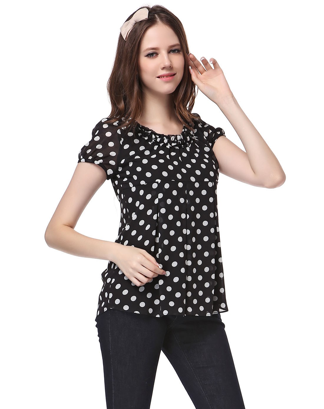 黑/白色圆点优雅短袖上衣