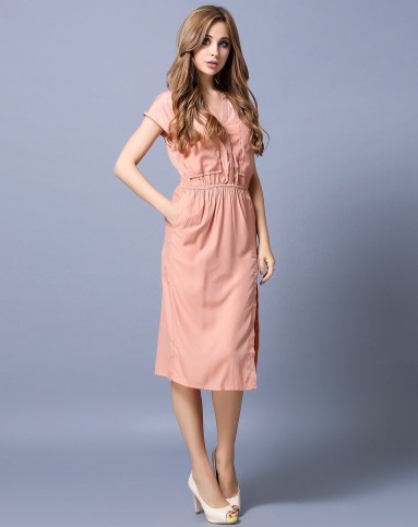 女款桔粉色中长款连衣裙