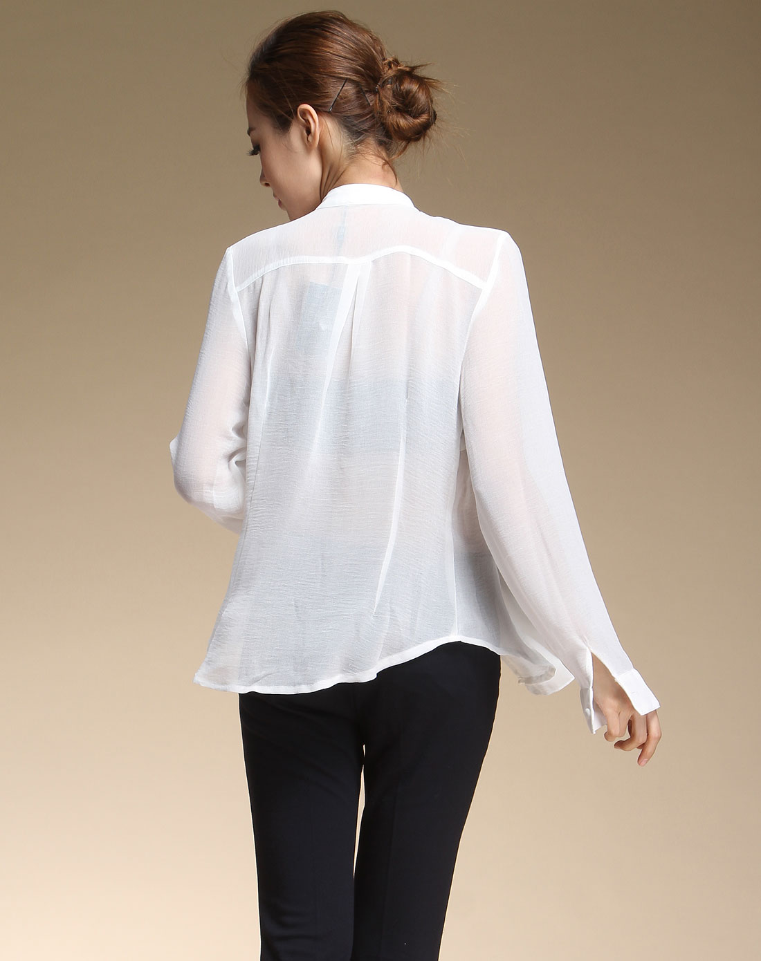 白色荷叶边立领长袖雪纺衬衫