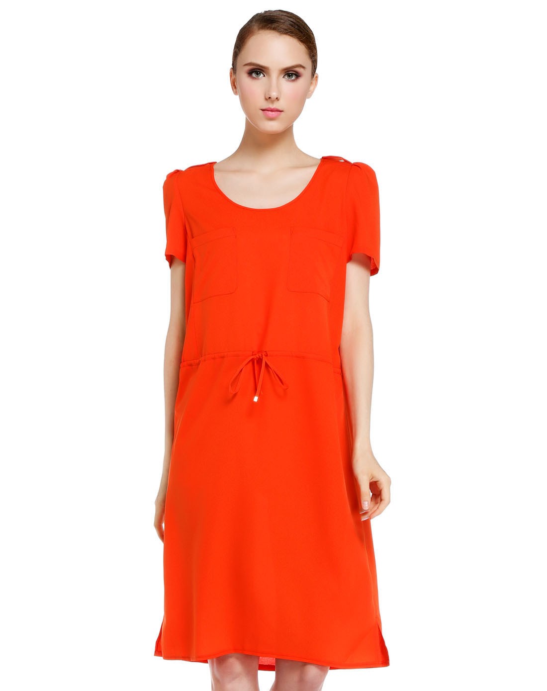 橘红色甜美修身短袖连衣裙