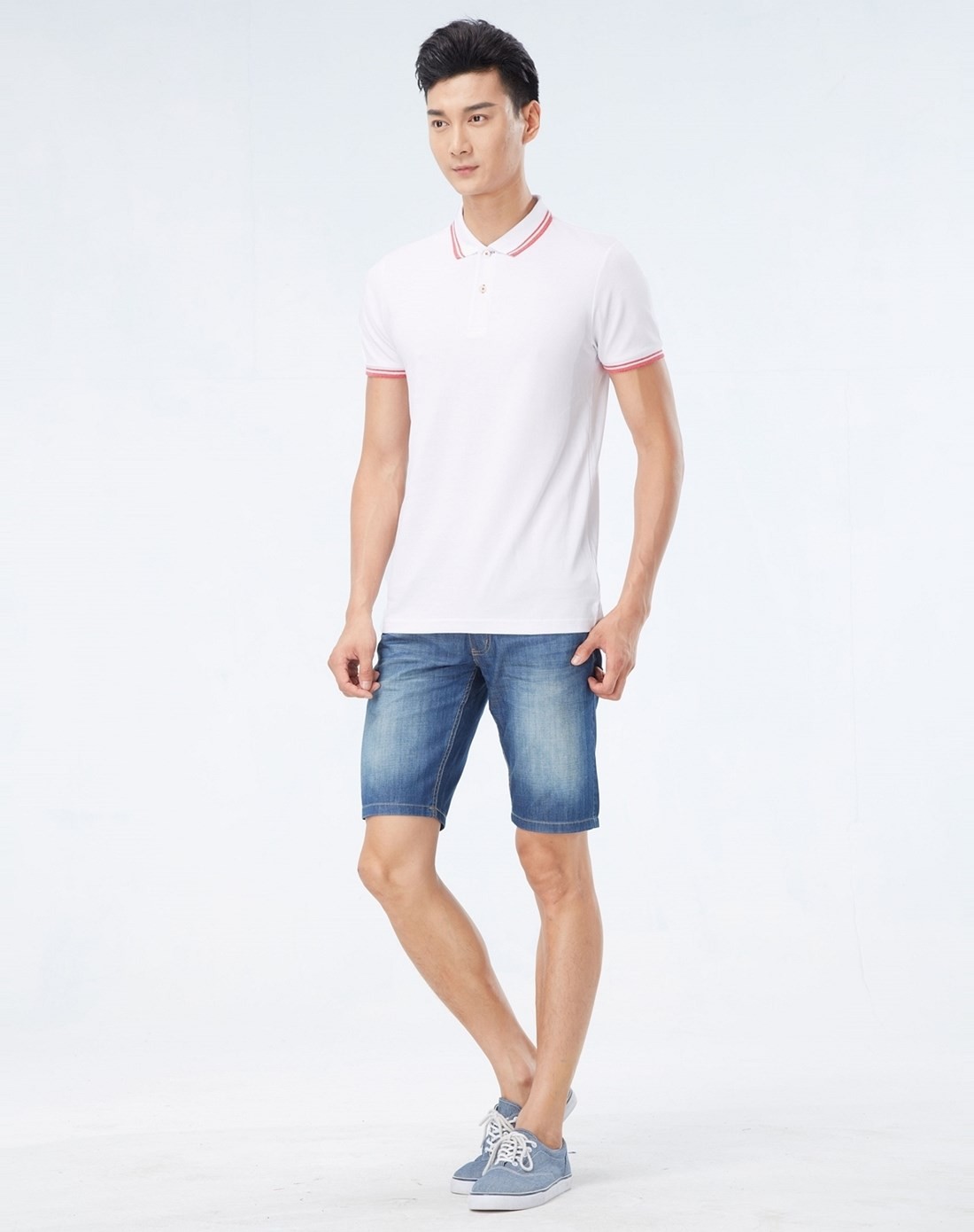 经典白色撞色条纹扁机领窄身g-cool短袖polo