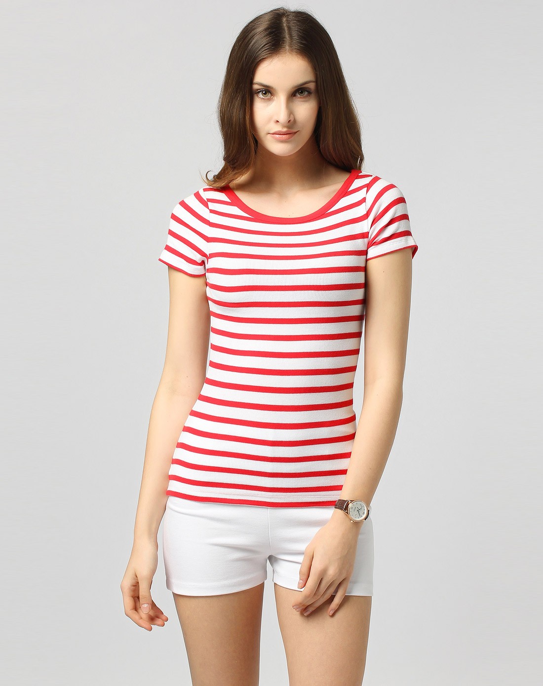 女款红条纹修身短袖t恤