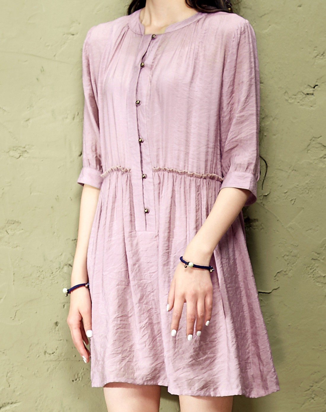 烟灰紫 文艺小立领碎褶连衣裙