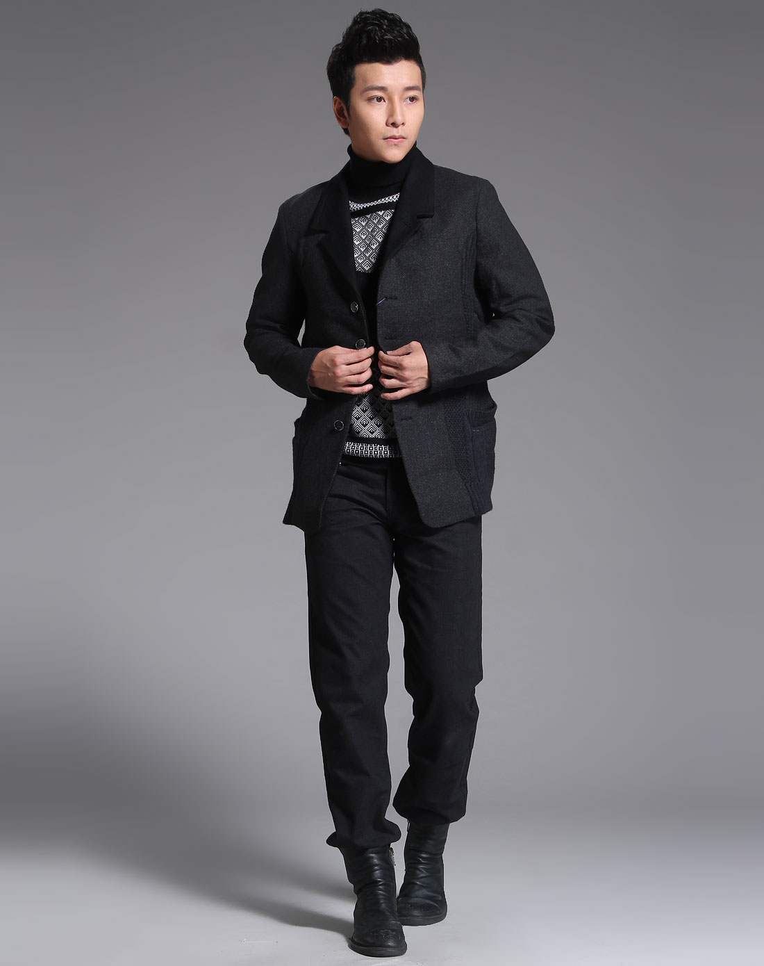 深灰色斜纹贵族长袖西服外套