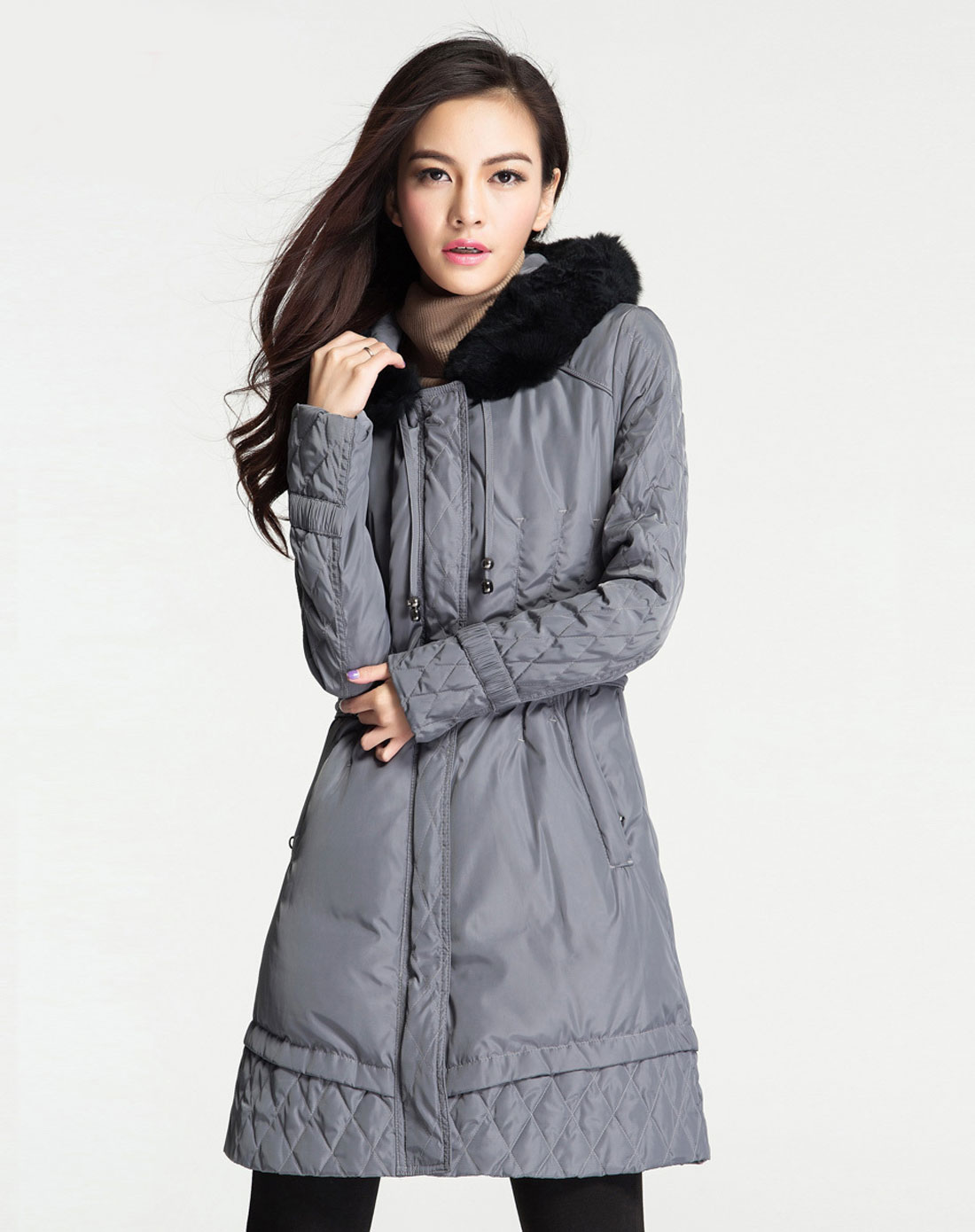 深灰色连帽拉链长袖长款羽绒服-唯品会