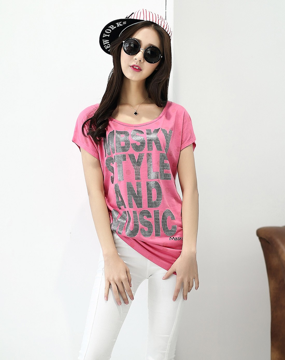 珍珠粉女款长款过网点烫银短袖t恤-唯品会