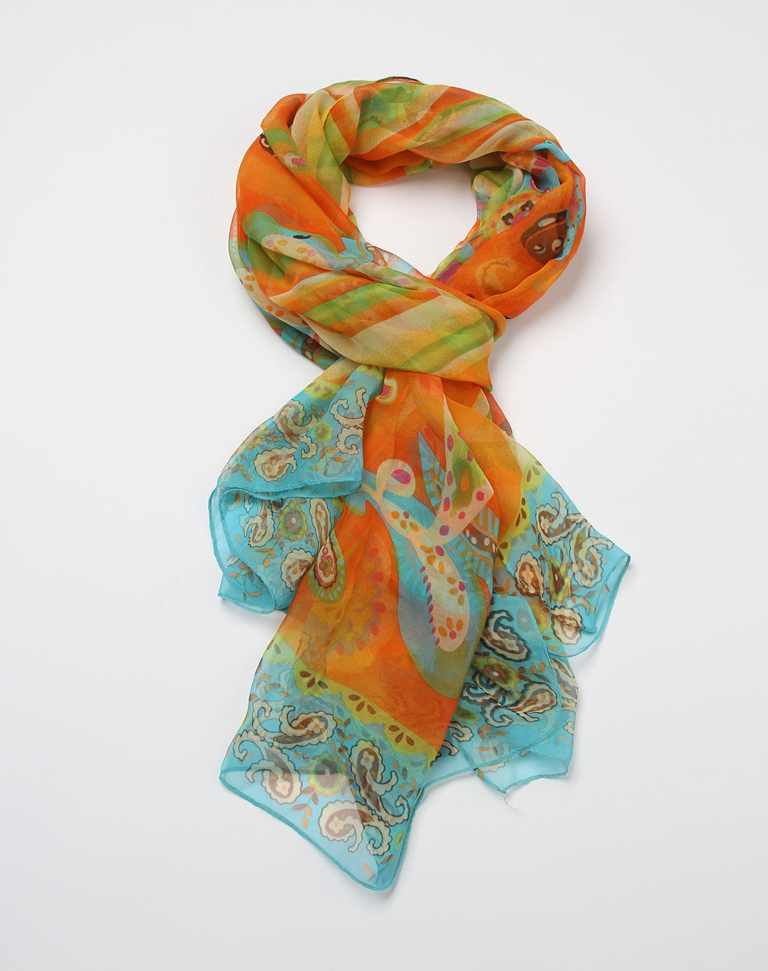 蓝橙色休闲印花丝巾