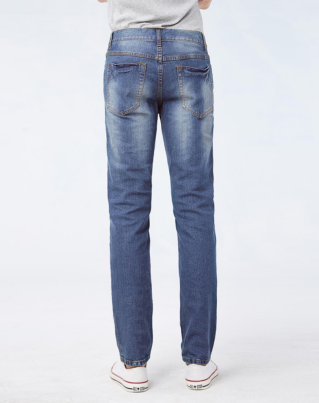 浅蓝色精工洗水修身弹力窄脚牛仔裤