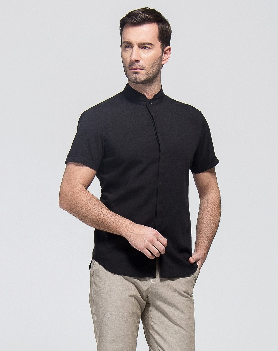 黑色立领中国风时尚休闲短袖衬衫