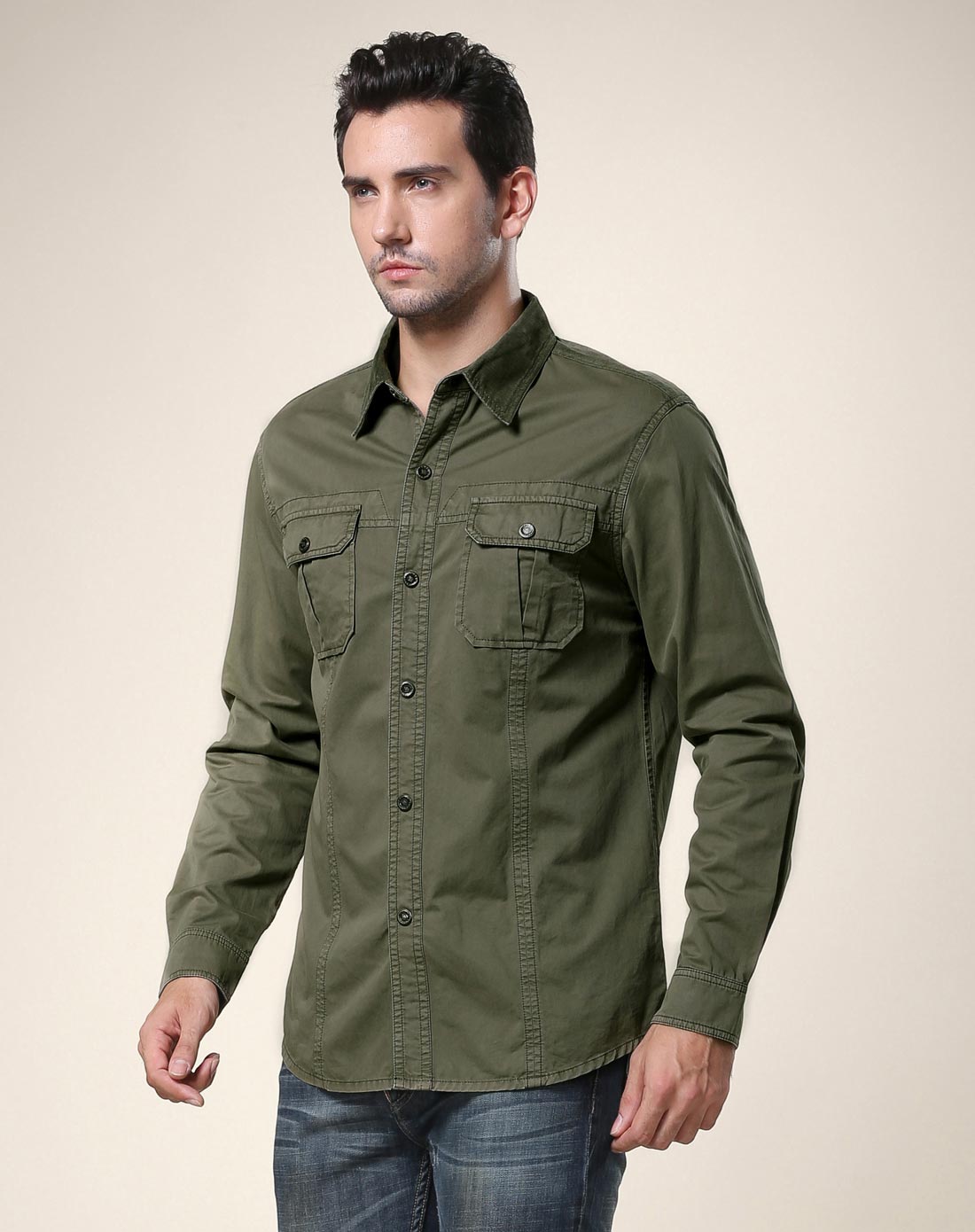 纯棉舒适纯色 男款军绿色长袖衬衫