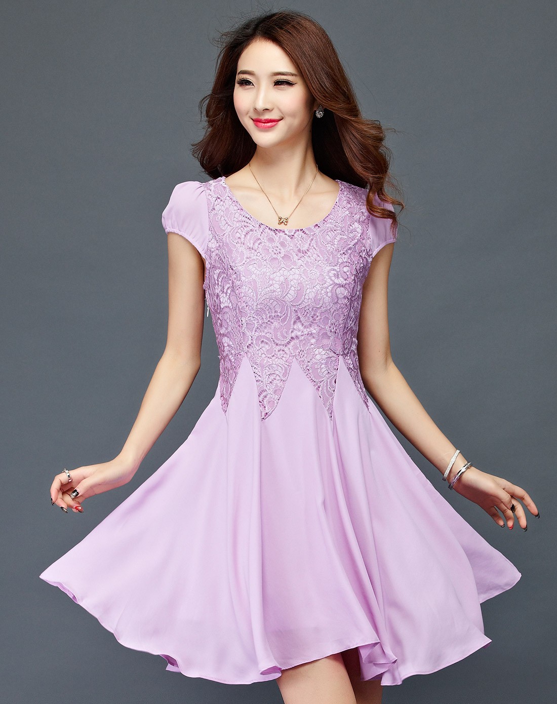 紫色蕾丝雪纺拼接大摆连衣裙
