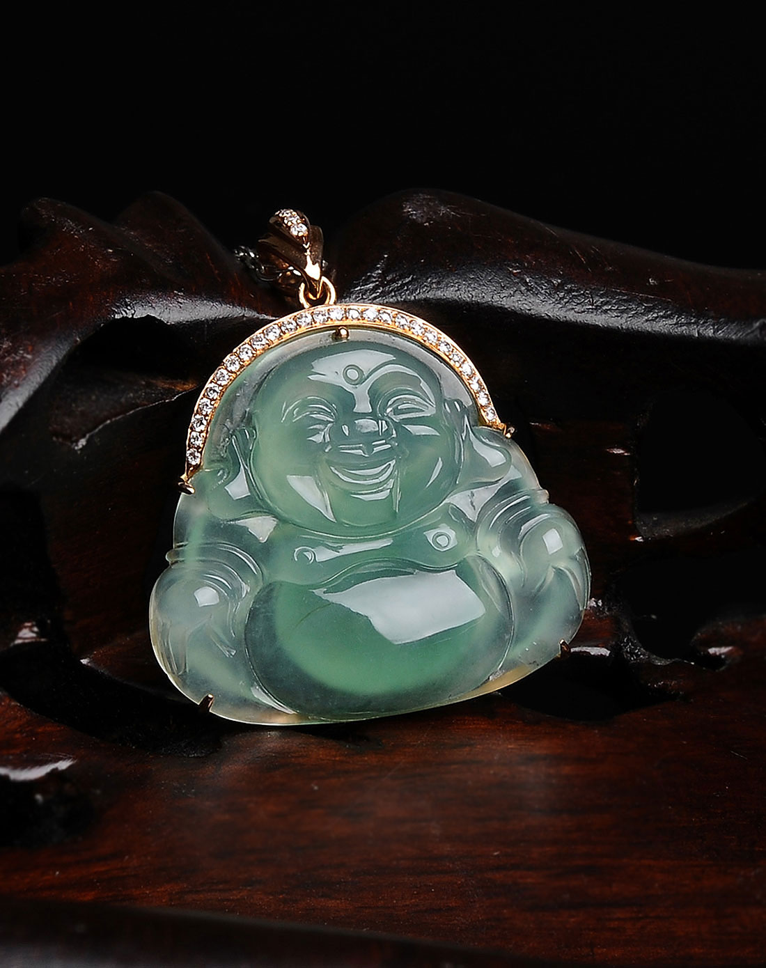 18k金钻石镶冰种满绿天然翡翠a货半包佛公吊坠(赠编绳附证书)