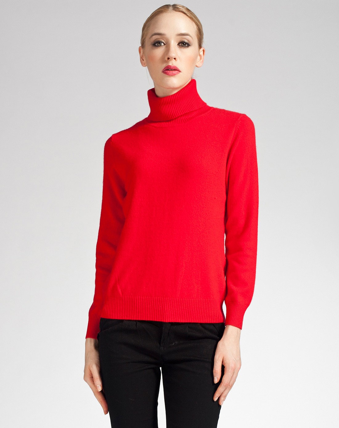 女款艳红色高领简洁大方长袖100%羊绒衫