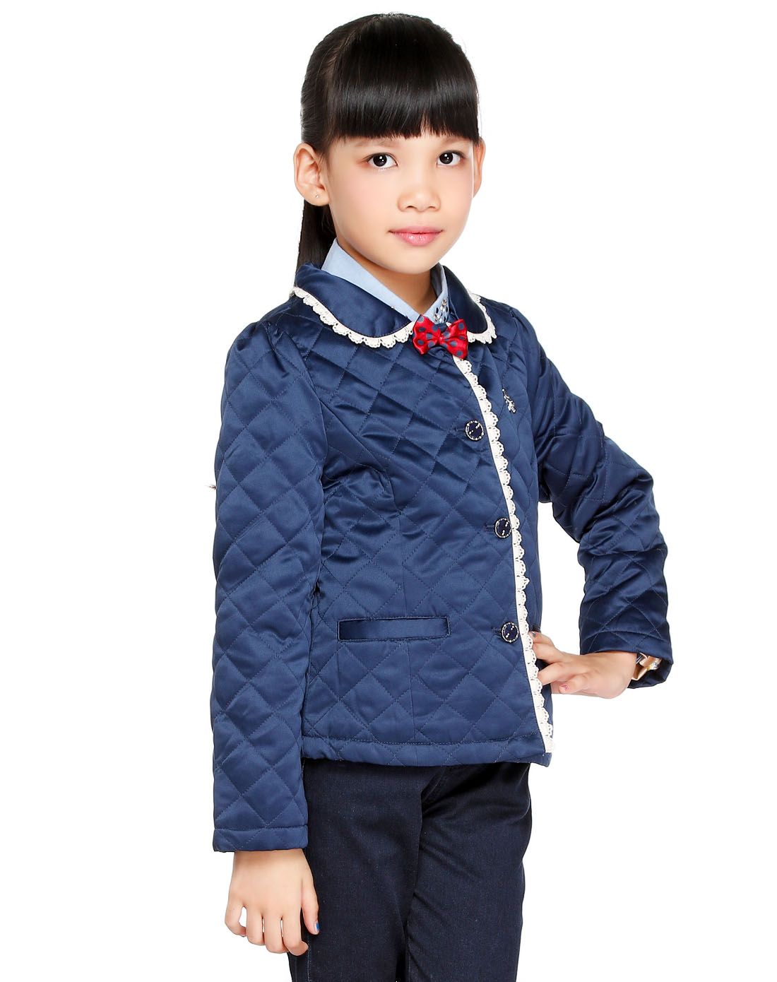 女童宝蓝色花边领长袖外套