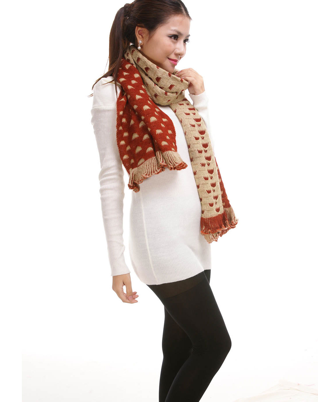 女款橘/米色美人鱼尾花边围巾