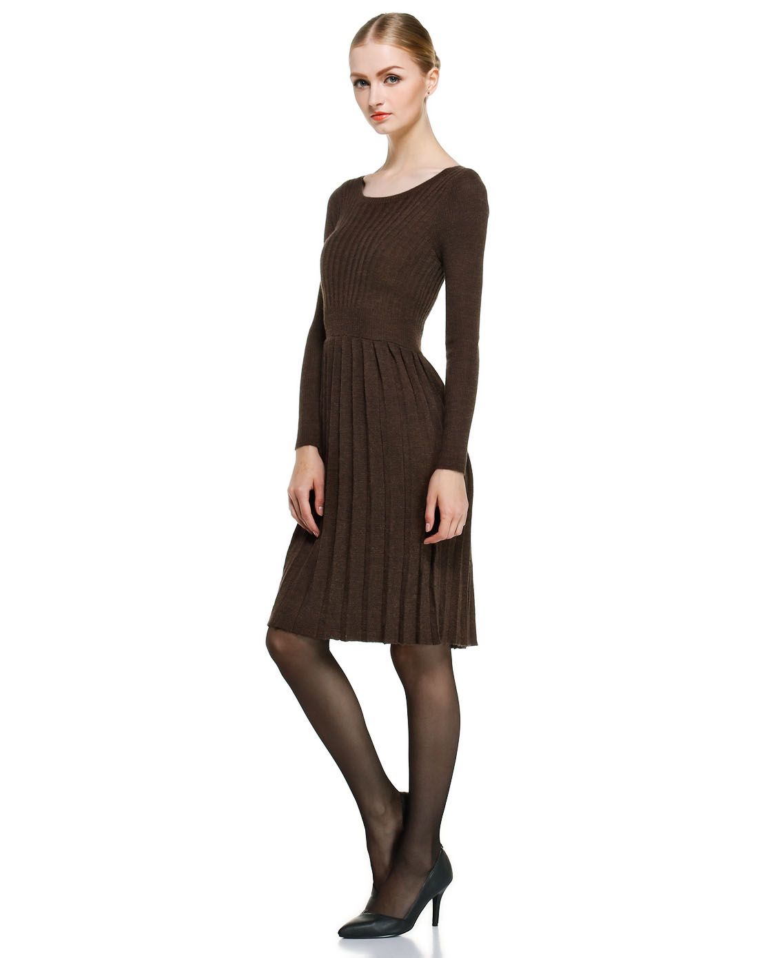 咖啡色素雅都市长袖针织连衣裙