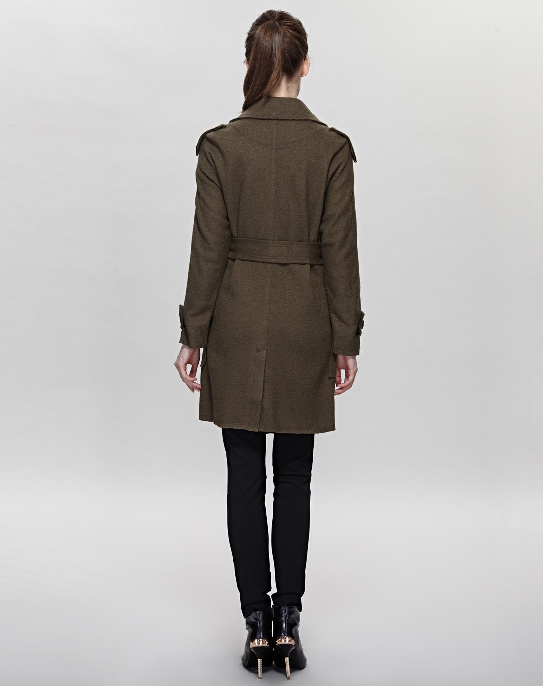 深咖色欧美时尚系腰双排扣羊毛h版风衣