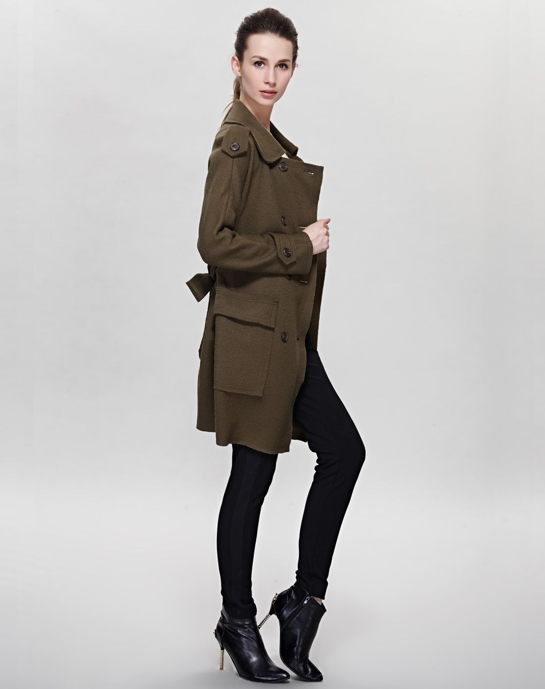 深咖色欧美时尚系腰双排扣羊毛h版风衣