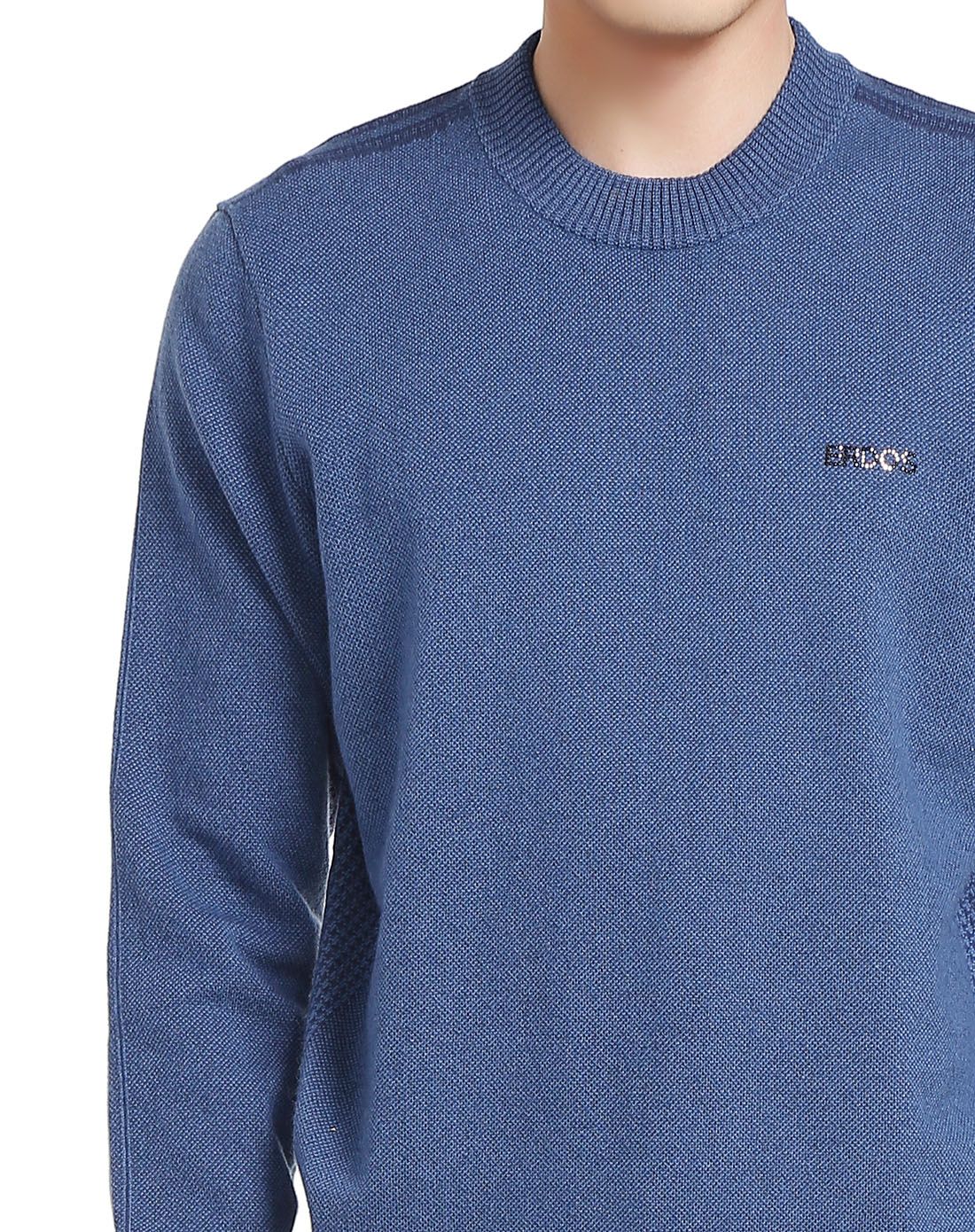 男深酞蓝圆领虚提男套衫