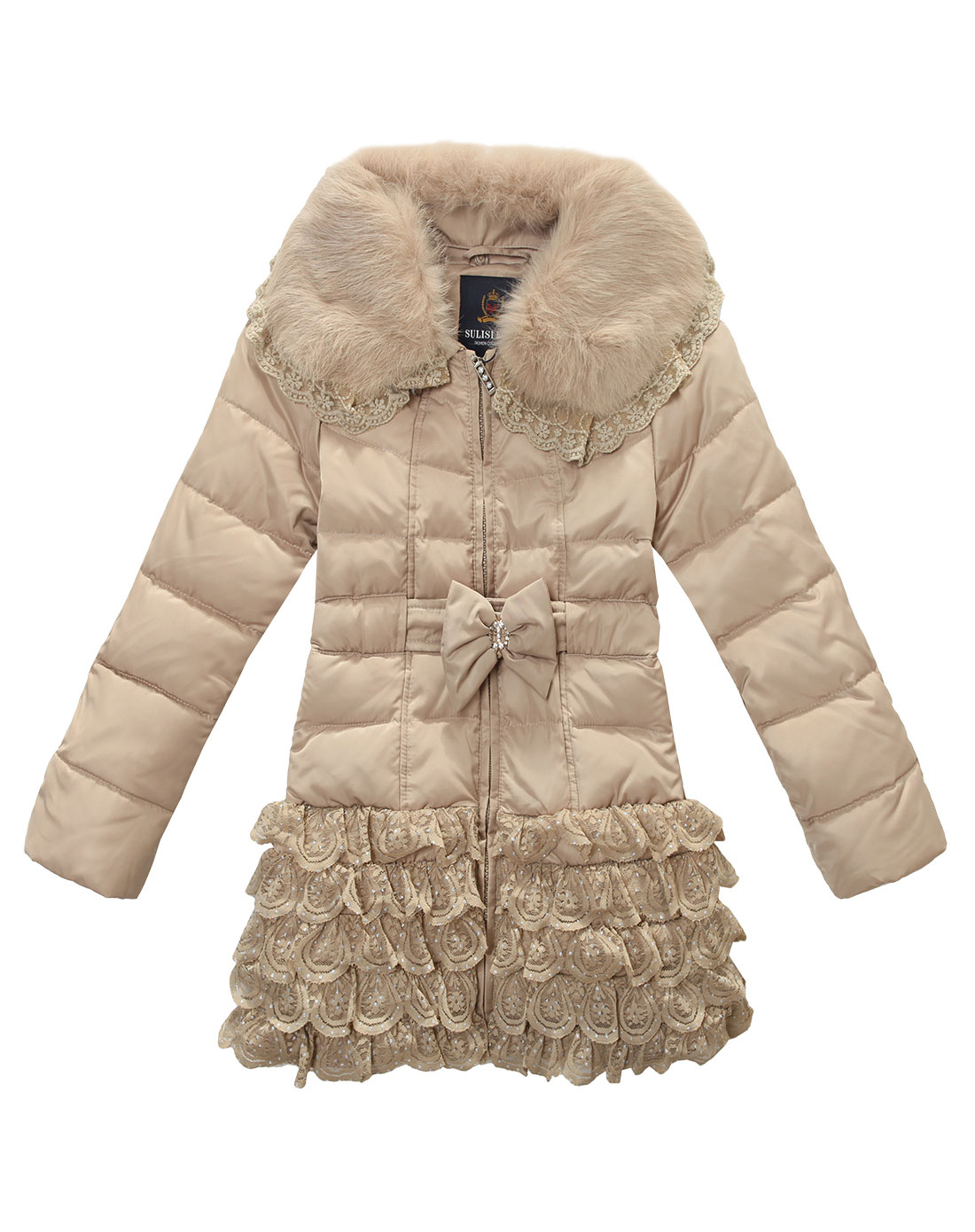 苏黎世家sulisi kids 女童驼色荷叶边蝴蝶结毛领系腰带羽绒服