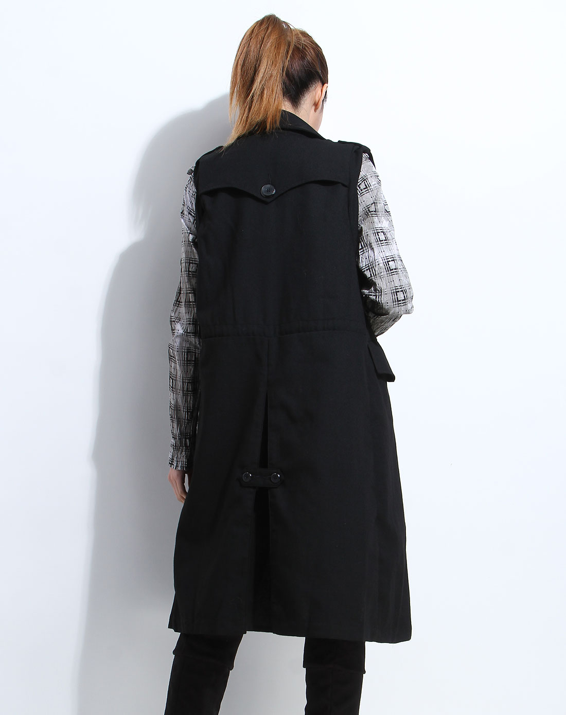 黑色个性小立领无袖风衣