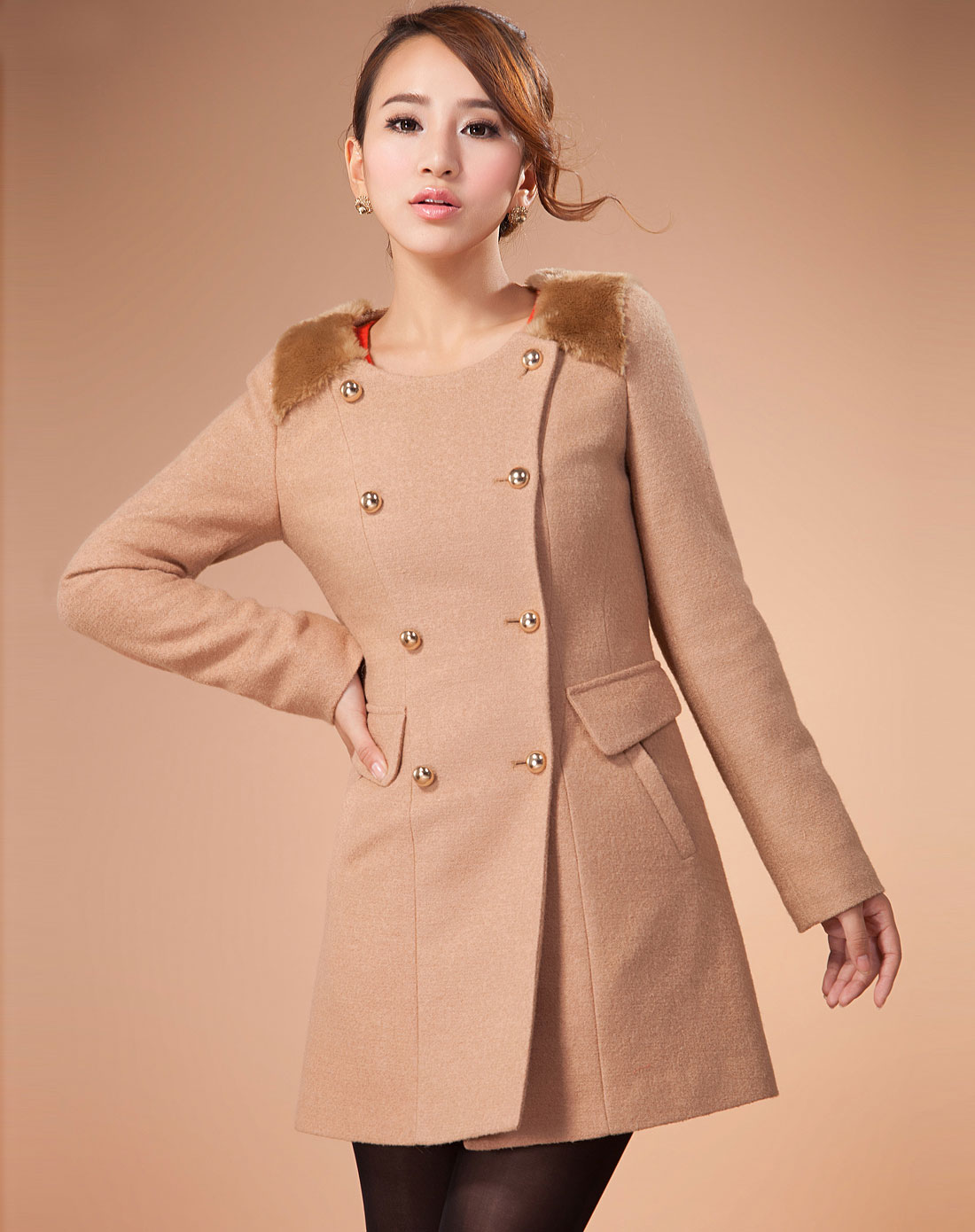深米色双排扣长款长袖大衣