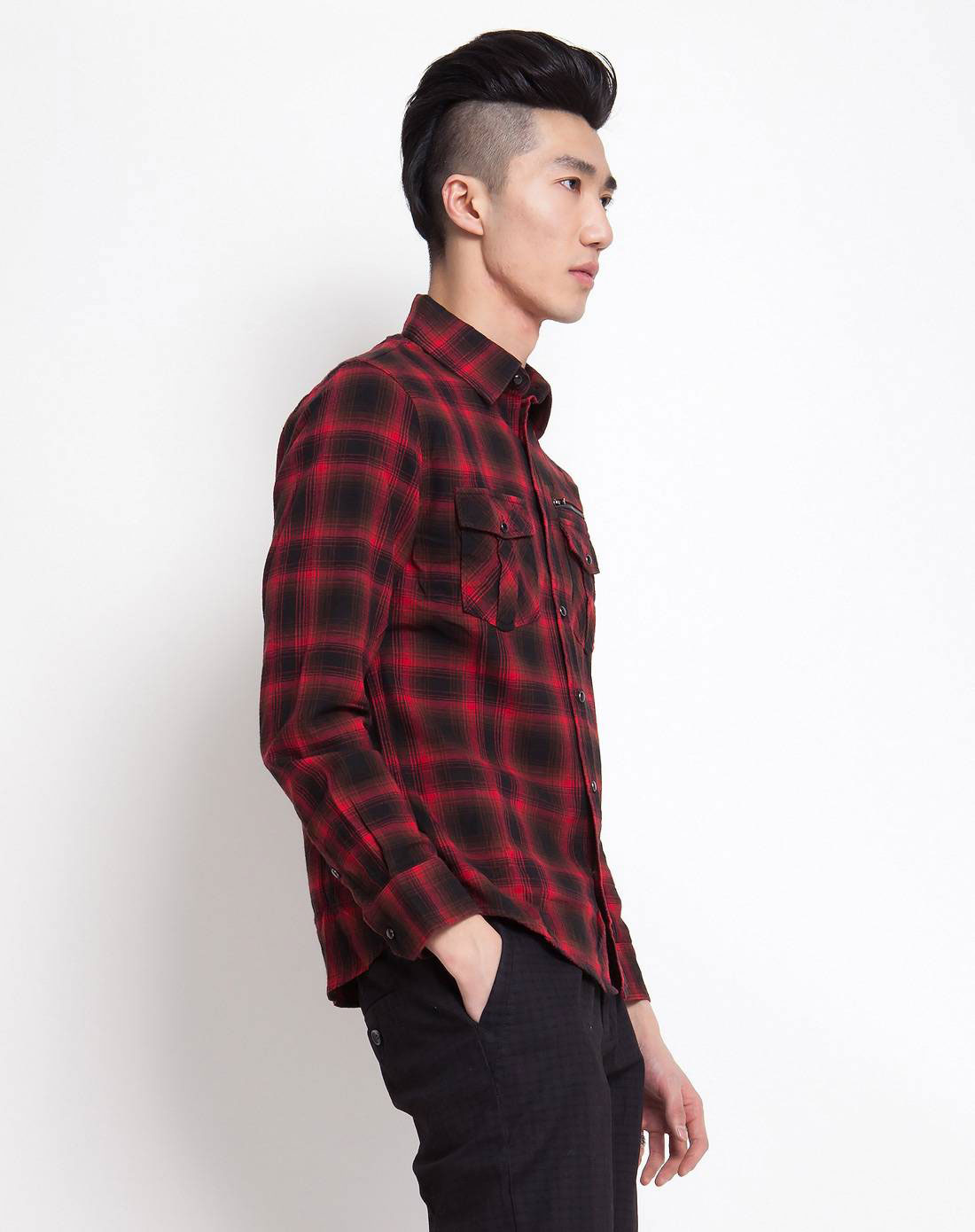 男款洋红色格子时尚长袖衬衫