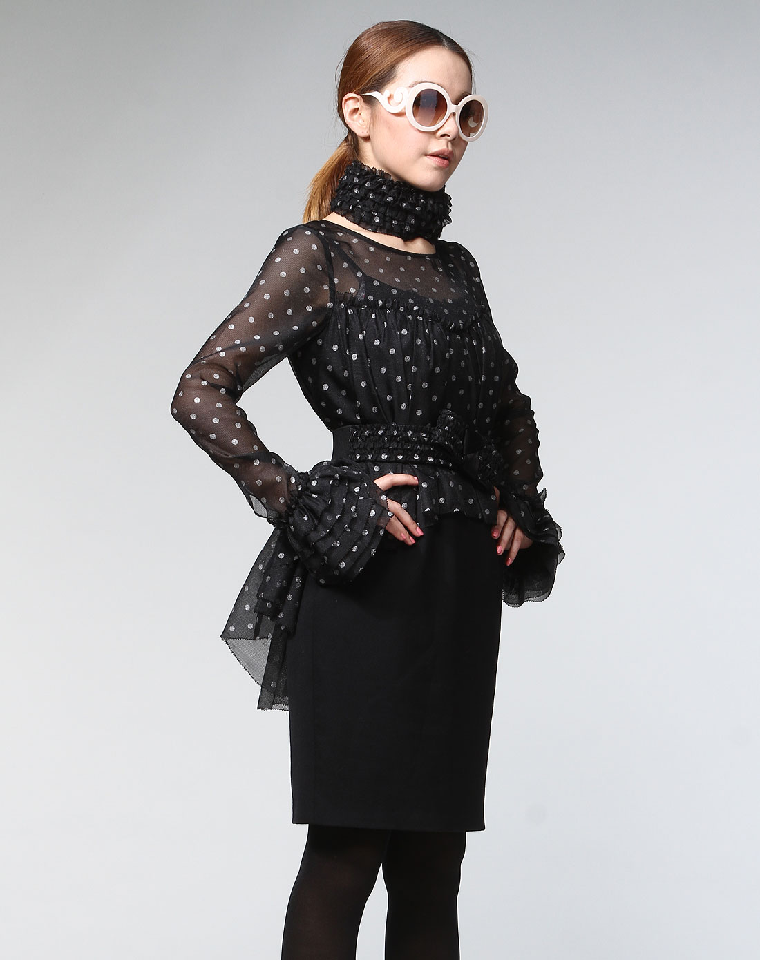 卓雅 黑色点点时尚长袖连衣裙