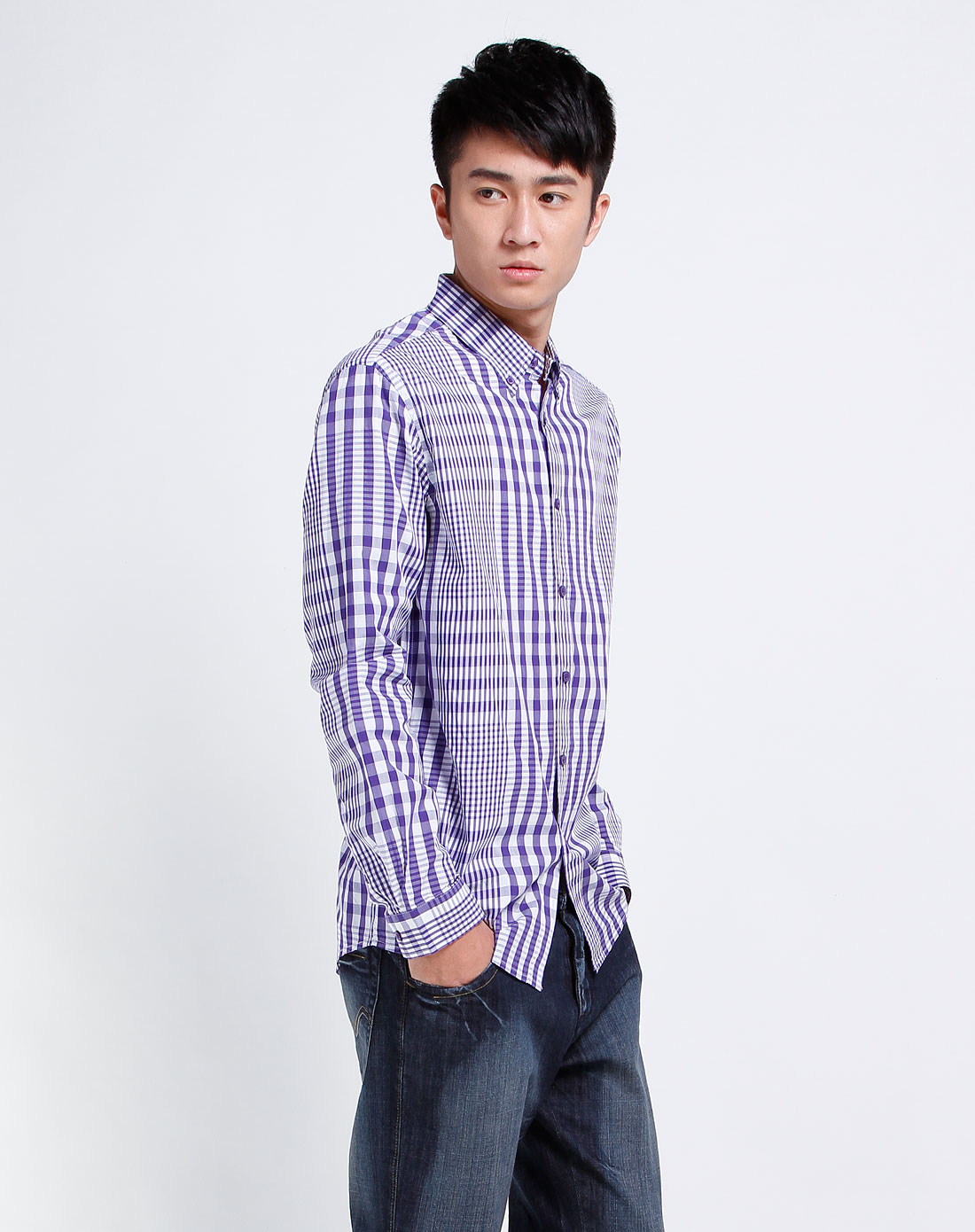 紫/白色格子长袖衬衫
