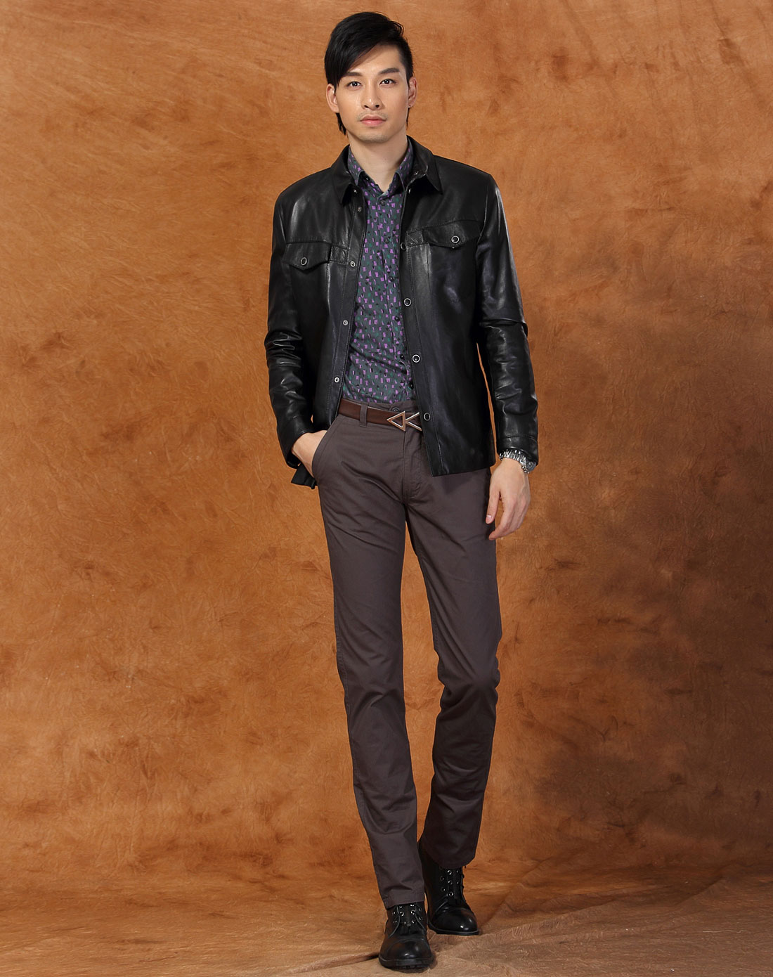 男款黑色衬衫款皮夹克
