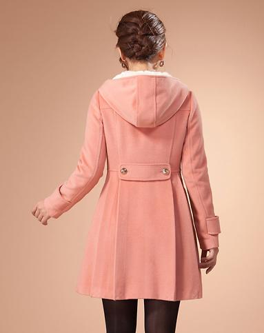 暗粉红色连帽简约时尚长款长袖大衣