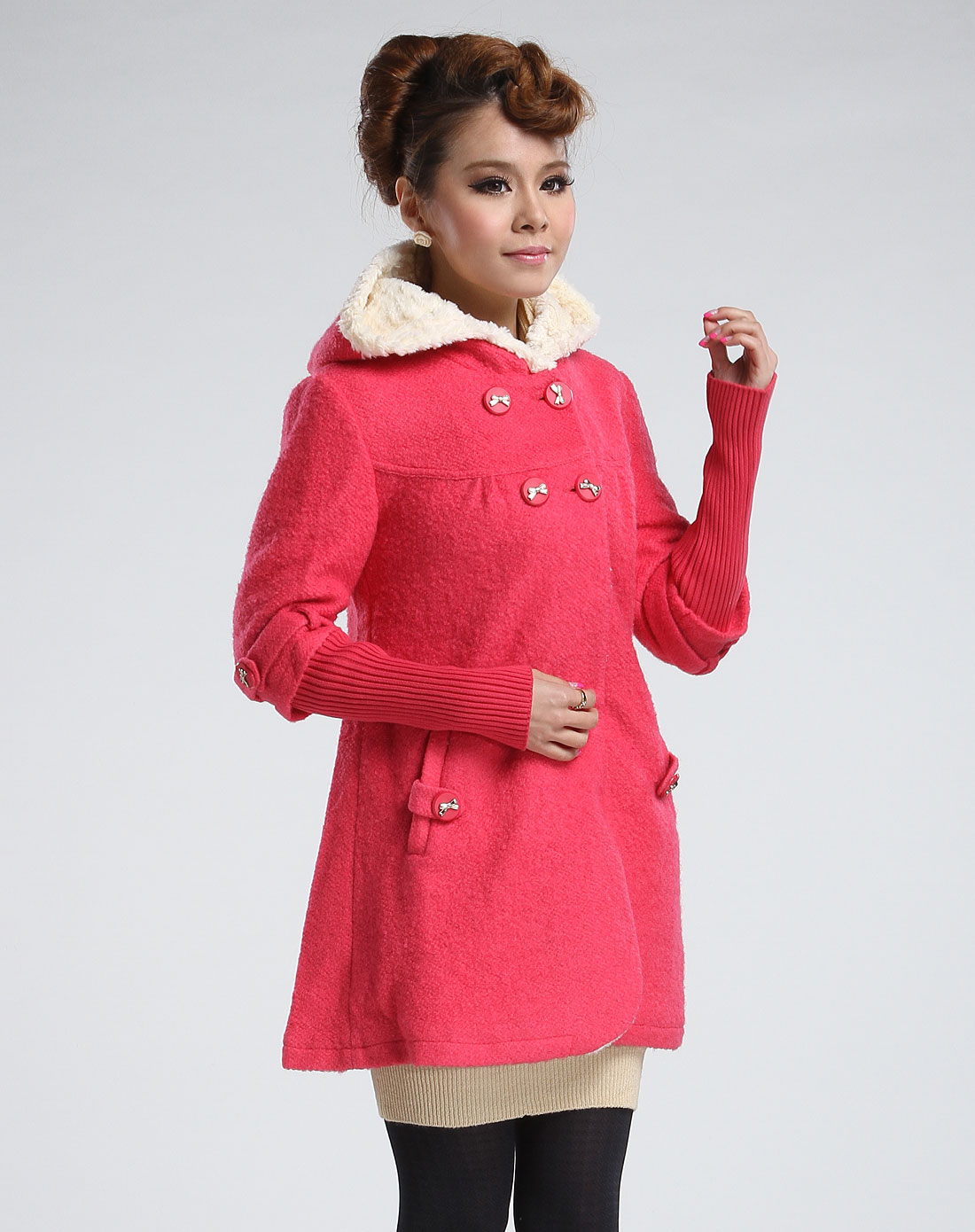 西瓜红色优雅时尚连帽长袖大衣