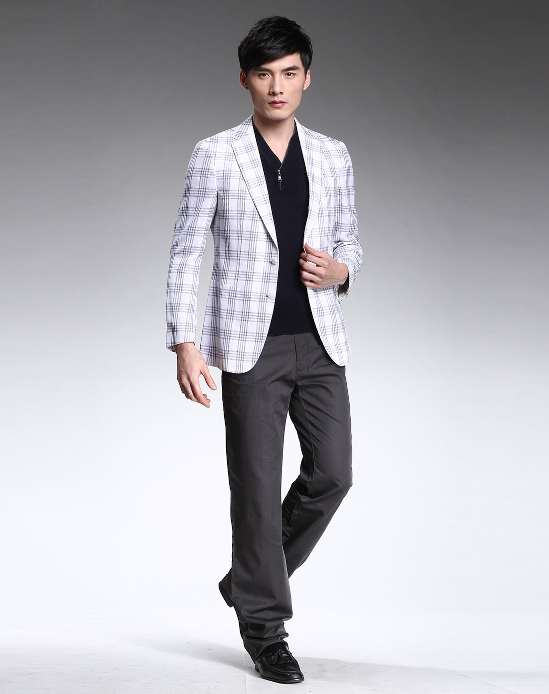 男款舒适方格棉麻长袖西服黑/白色