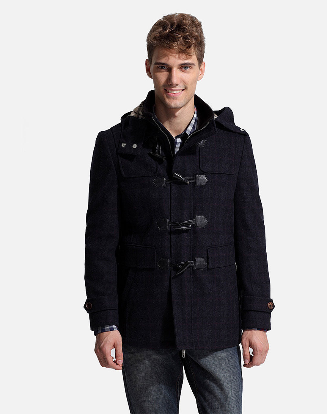 男款商务深蓝色牛角扣加厚保暖羊毛大衣