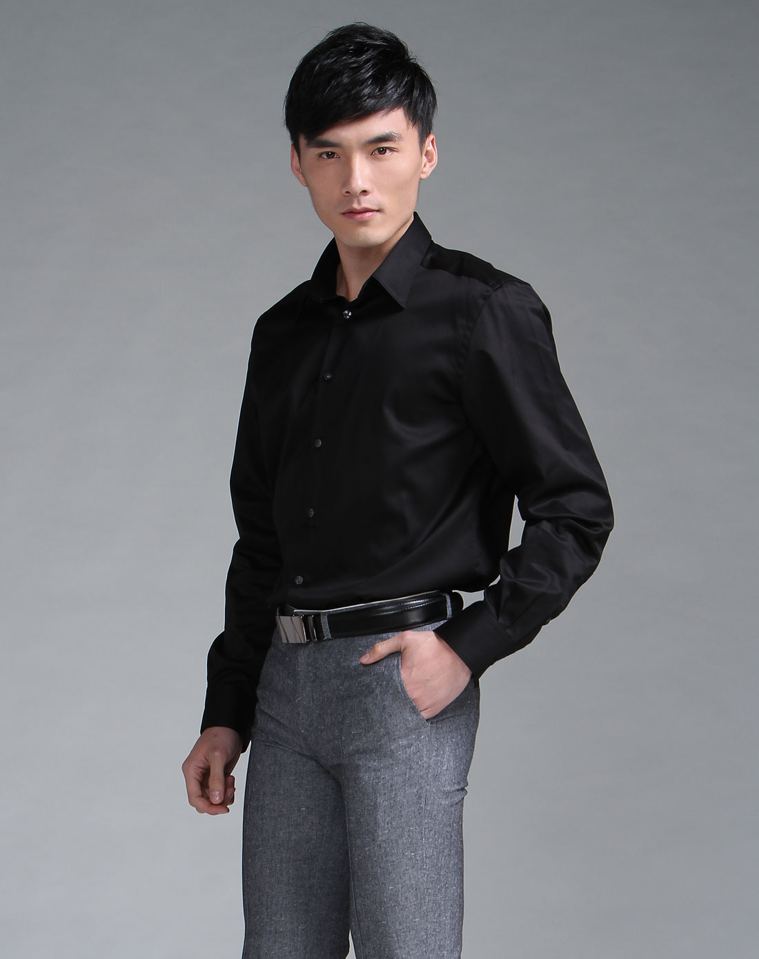 versace collection 男款简约风尚纯棉长袖衬衫黑色