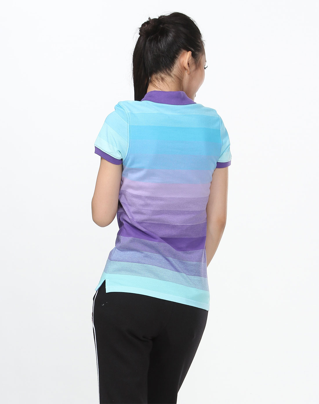 女款渐变间条翻领蓝紫色短袖t恤