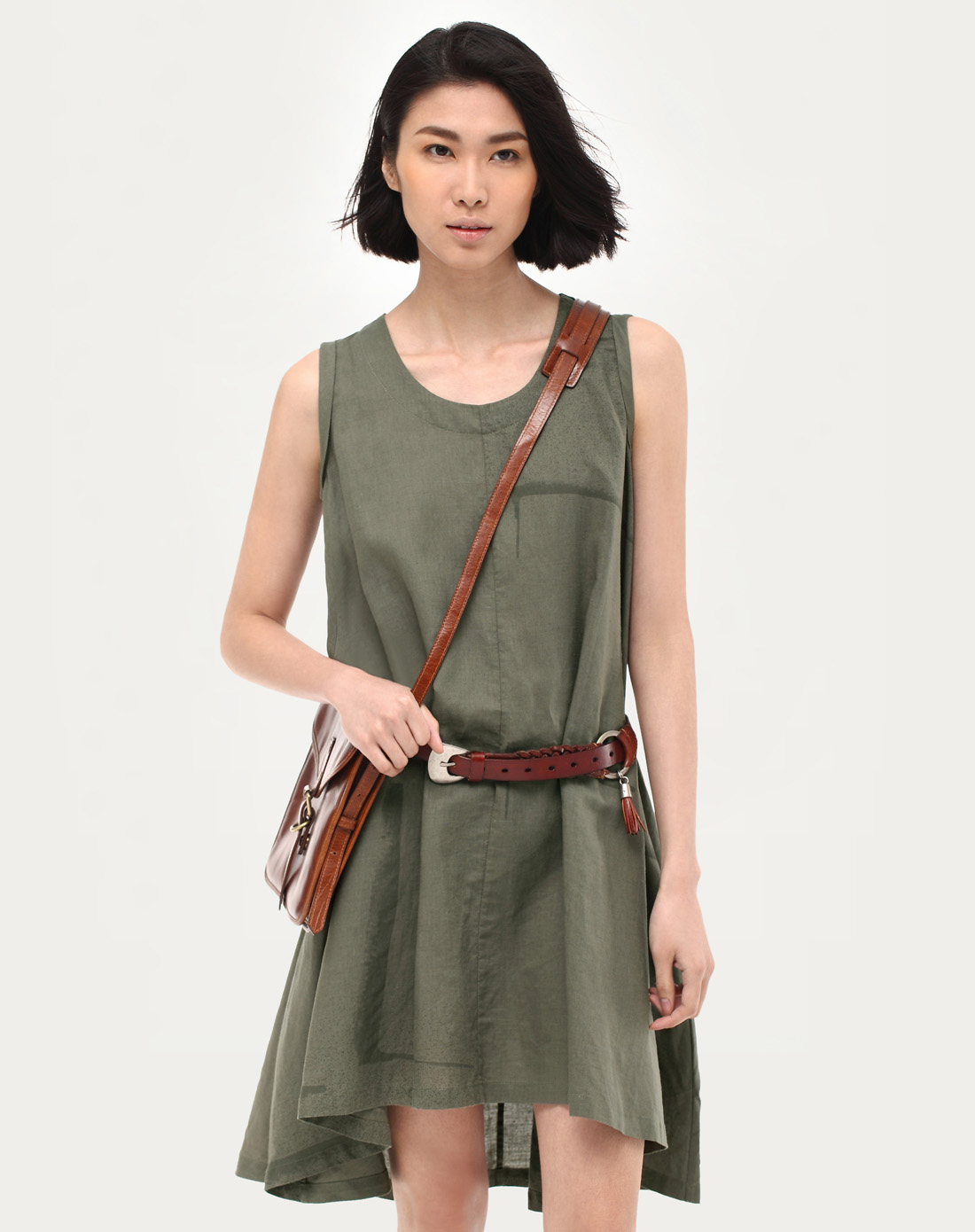 灰绿色不规则下摆无袖连衣裙