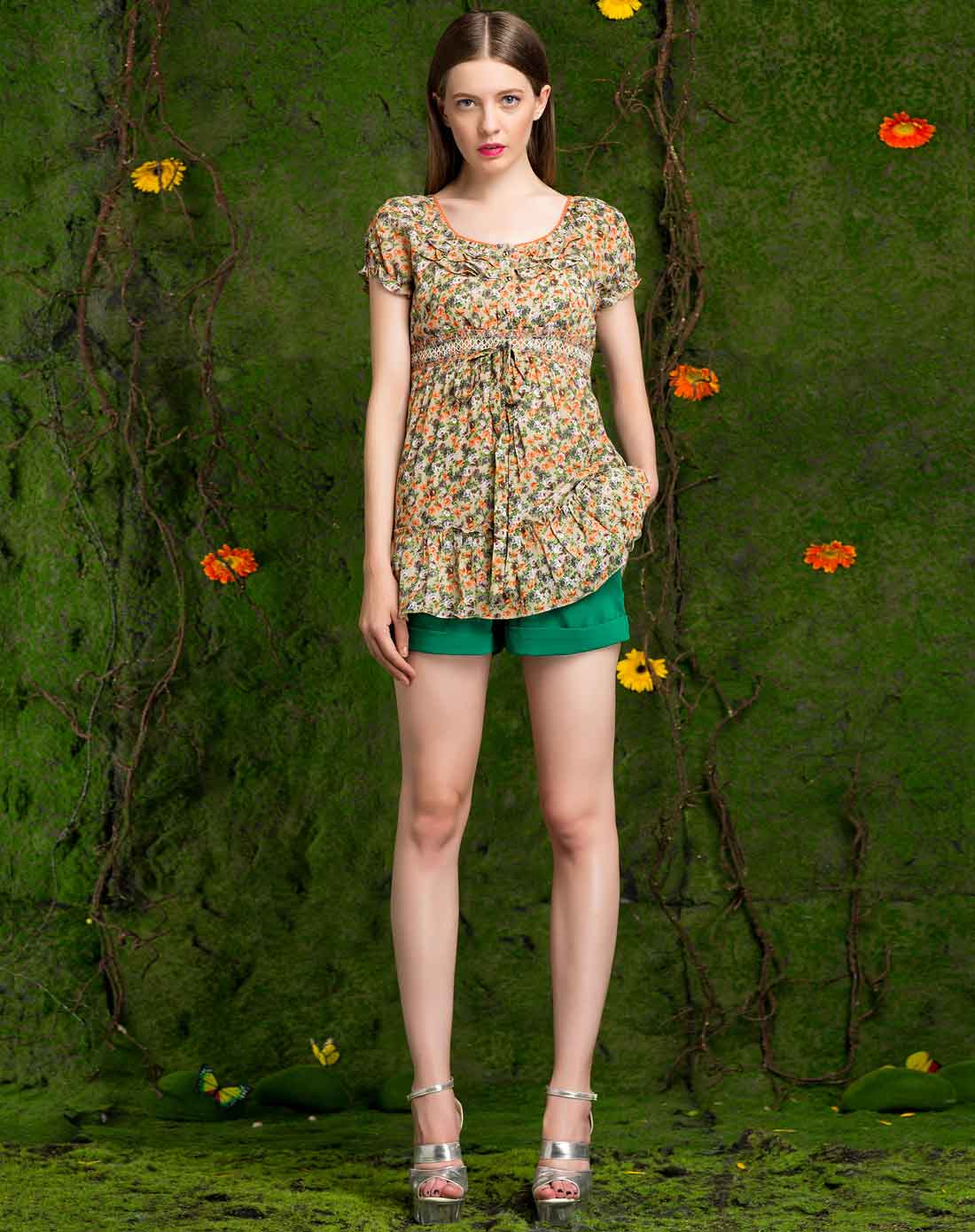 甜美碎花高腰圆领桔绿色短袖长款上衣