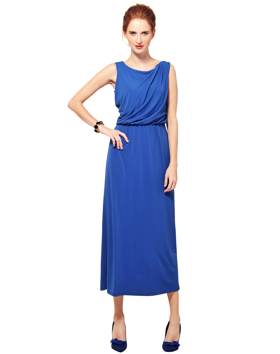 宝石蓝优雅显瘦无袖长裙礼服裙-详情