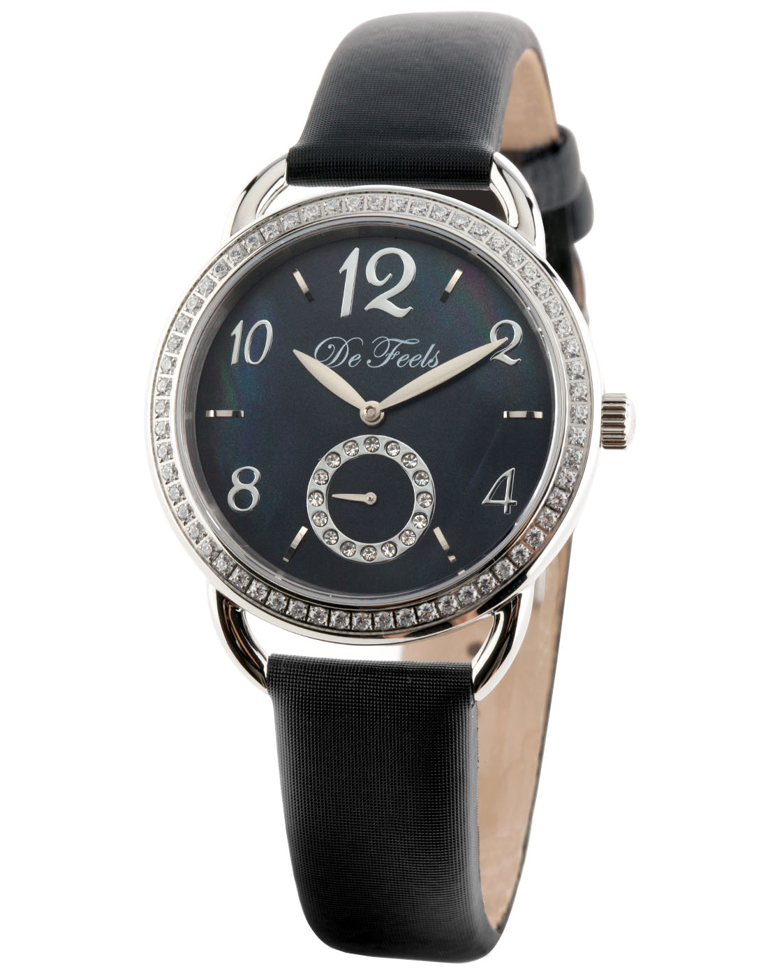 女款雅典娜贝母表盘外镶嵌黑盘小三针黑色绢带石英表