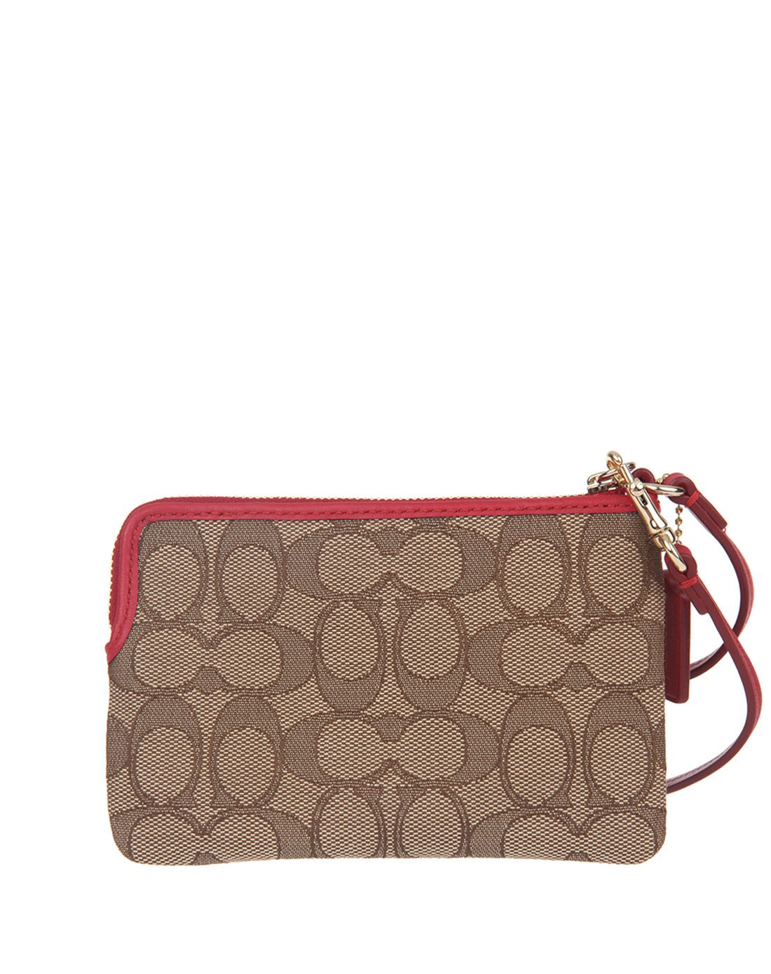 海外精选 coach女士卡其配红色双c纹帆布手拿包