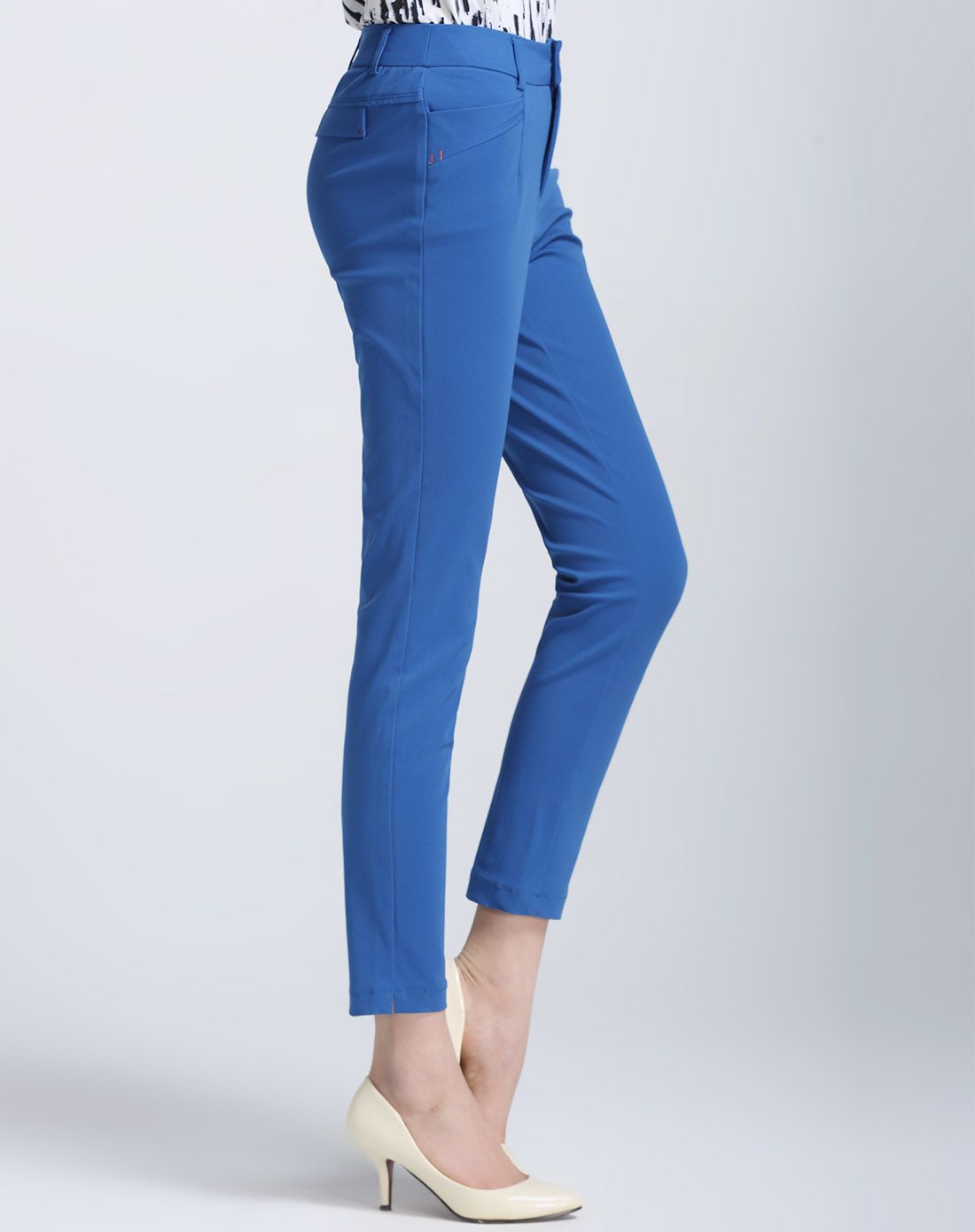 宝蓝色简约九分铅笔裤