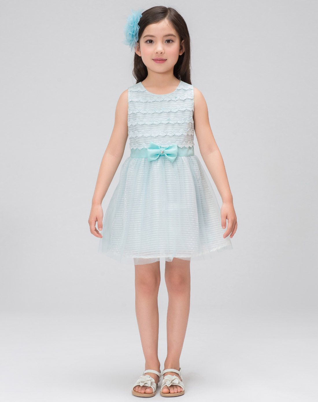 女童蓝色蕾丝公主a字裙连衣裙