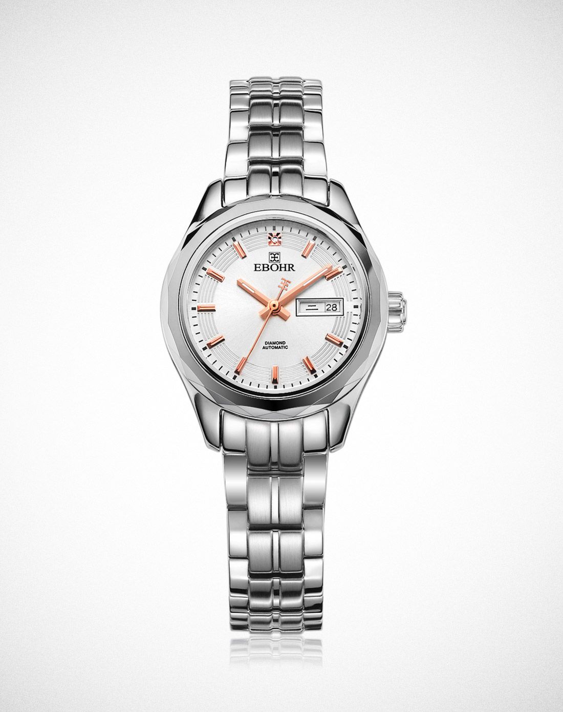 依波(耐磨钨钢圈)简洁利落白面双历机械女士腕表