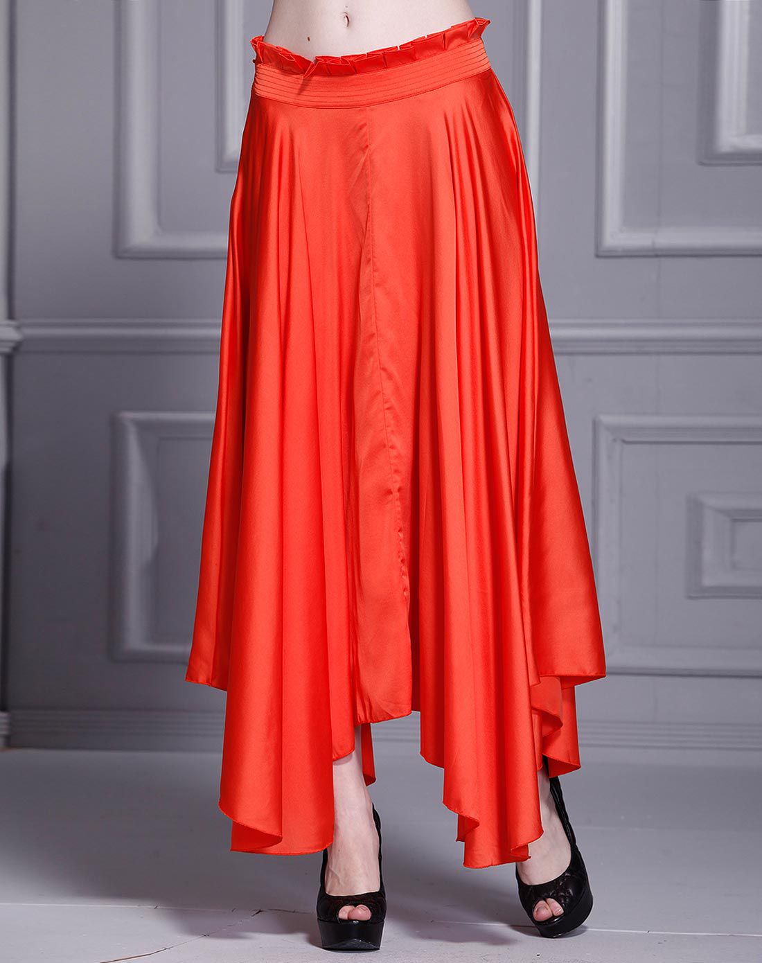 橙色欧美气质不规则下摆高腰半身裙长裙