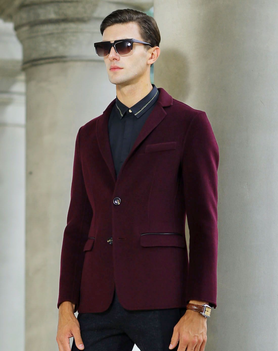 莫畏轻奢男士酒红色时尚双面呢西服