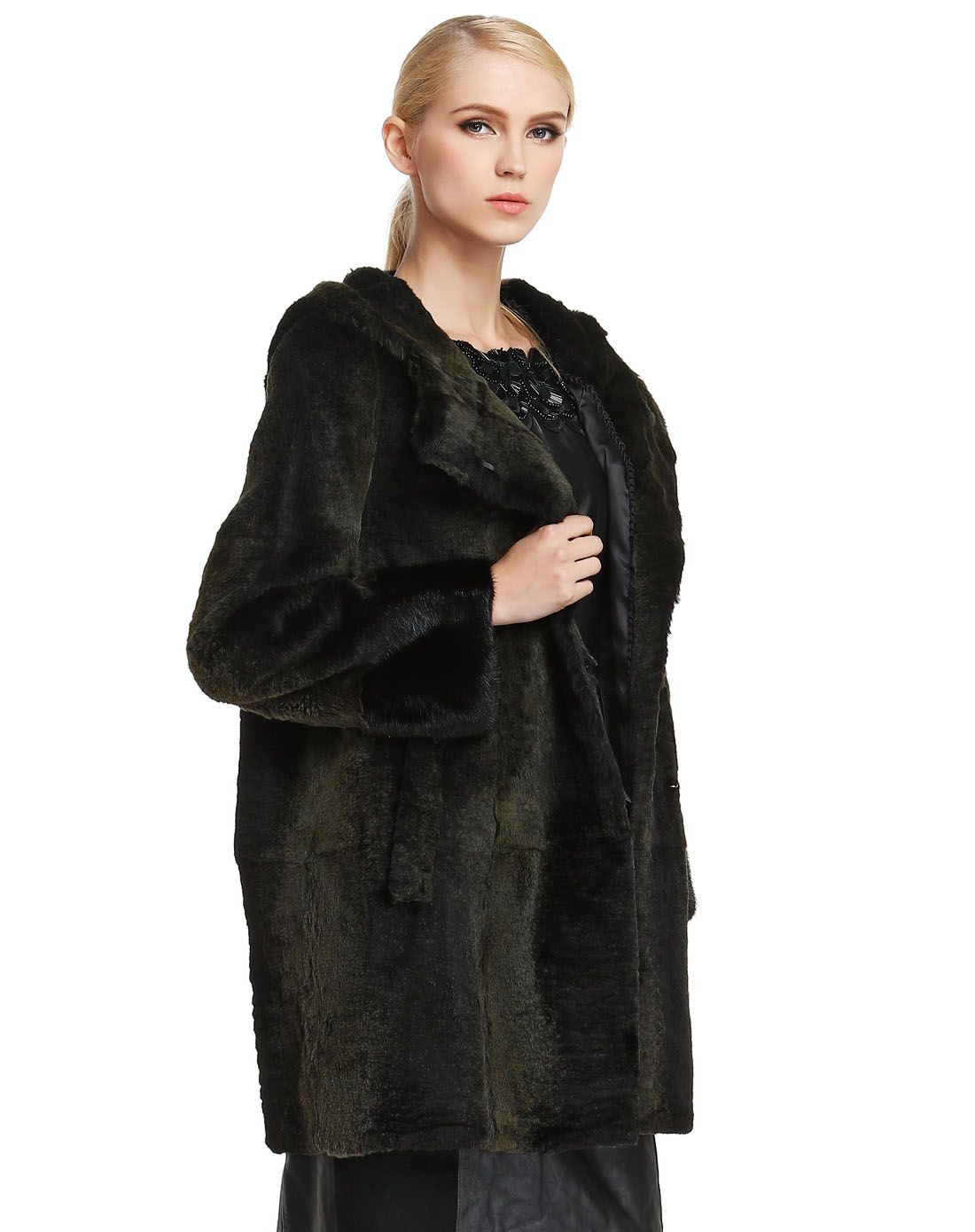 马天奴黑绿色大气连帽长袖中长款皮草