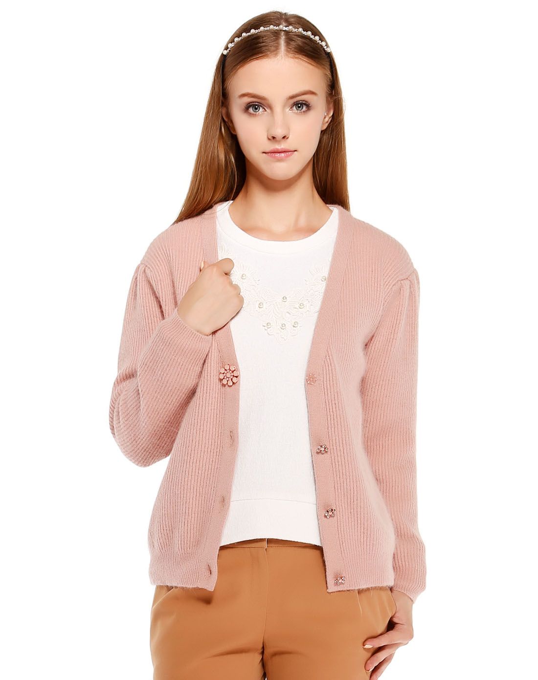 暗粉色闪耀镶钻开襟长袖针织衫